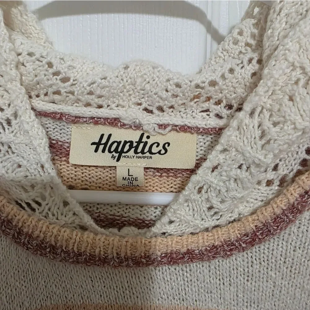 Haptics Knit Striped Hooded Sweater - Cream and Pink NEW Size LG